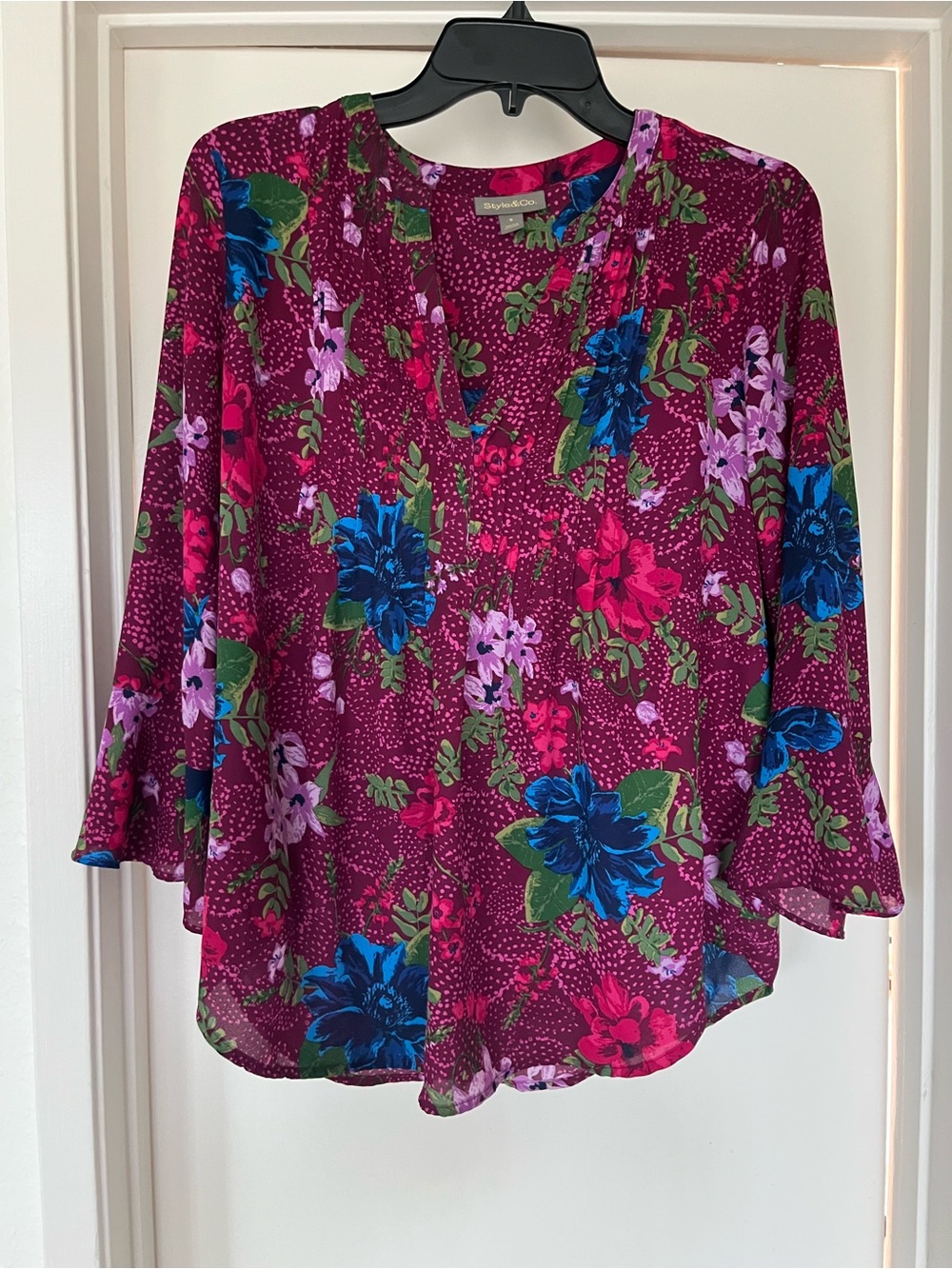 Style & Co. Fuchsia Floral V-Neck Blouse with Blue & Pink Blooms
